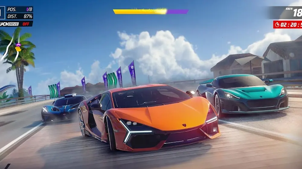 Asphalt Legends — supercars racing along a palm-lined coastal road