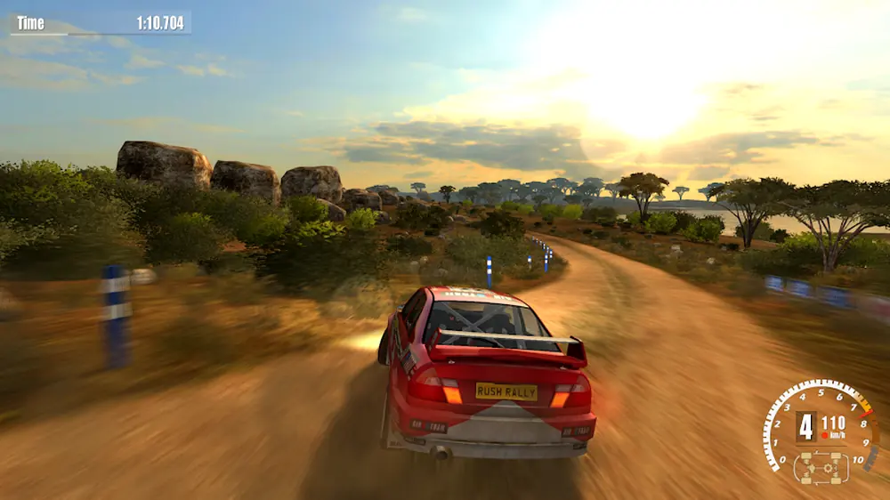 Rush Rally 3 — a rally car on a dirt stage lined with scrub